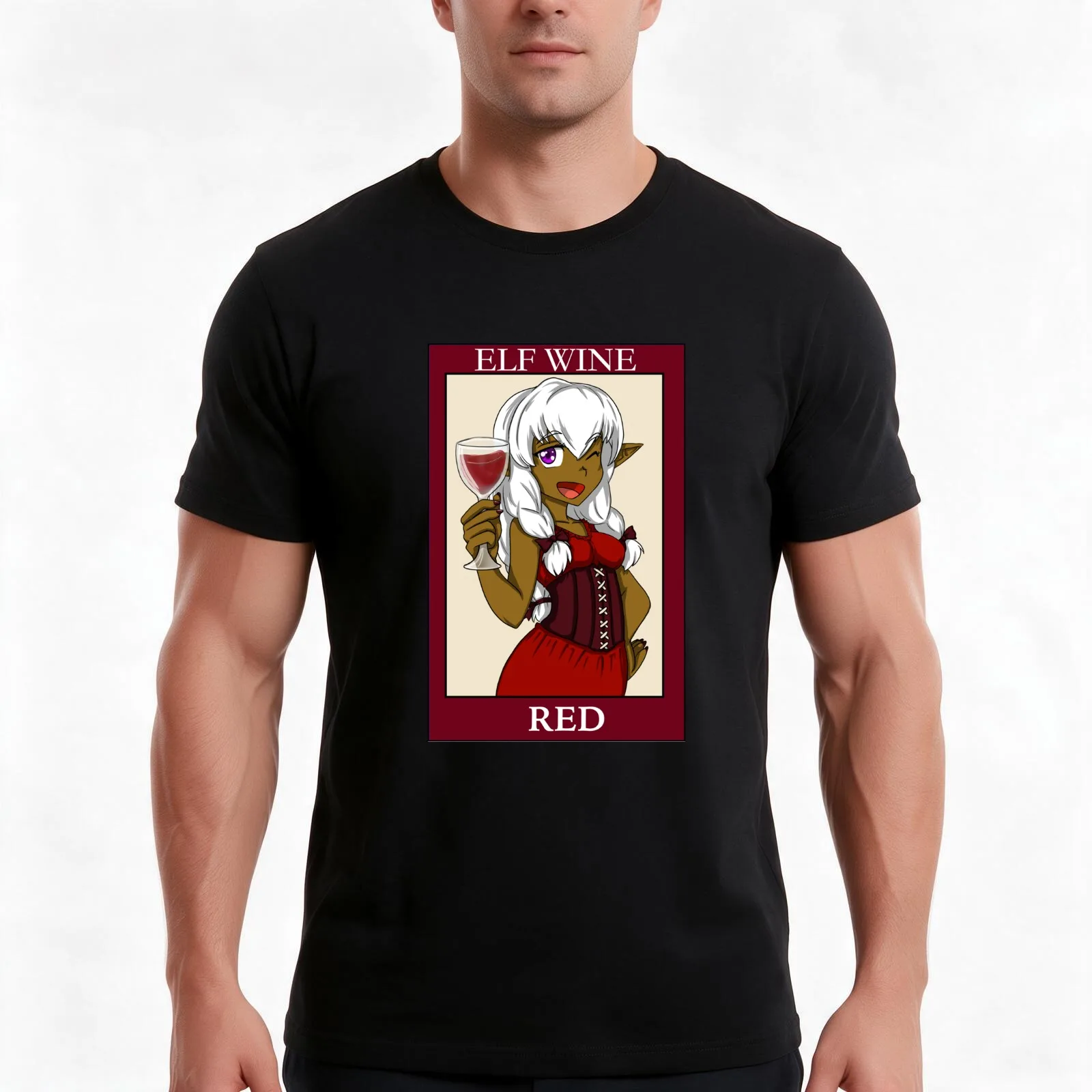 Elf wine red T-Shirt, Summer Casual Cotton Tee, Oversized Streetwear Tops, Vintage Graphic Print, Loose Fit Short Sleeve