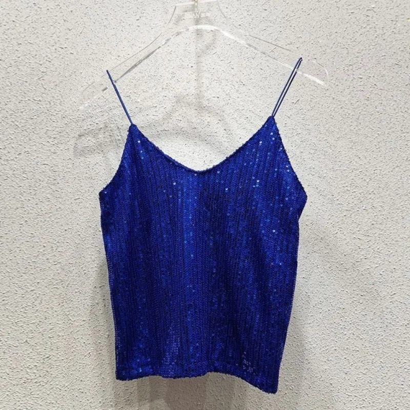 

2023 Tank Top Summer Aesthetic Clothes For Women Off White Vintage Crop Top Evening Black Glitter Shiny Sequins Loose