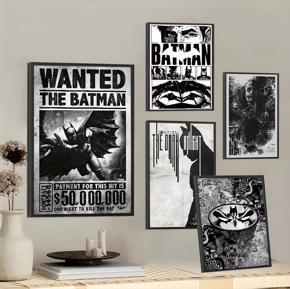 

Black Cool B-Bat-manS Retro Cartoon Poster Sticky Wall Art Printing Waterproof Home Living Bed Room Bar Aesthetic Decor