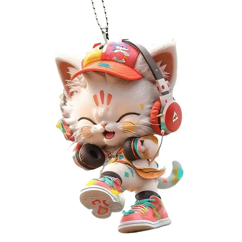 Cat Car Pendant Car Kitten Wearing Headphone Rearview Mirror Accessories Cute 2D Acrylic Animal Pendants For Christmas Tree Car