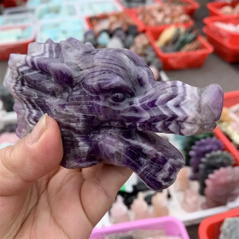 Natural Dream Amethyst Wolf Head Carving Crystal Powerful Animal Carving Handicrafts Accessories Christmas Present 1pcs