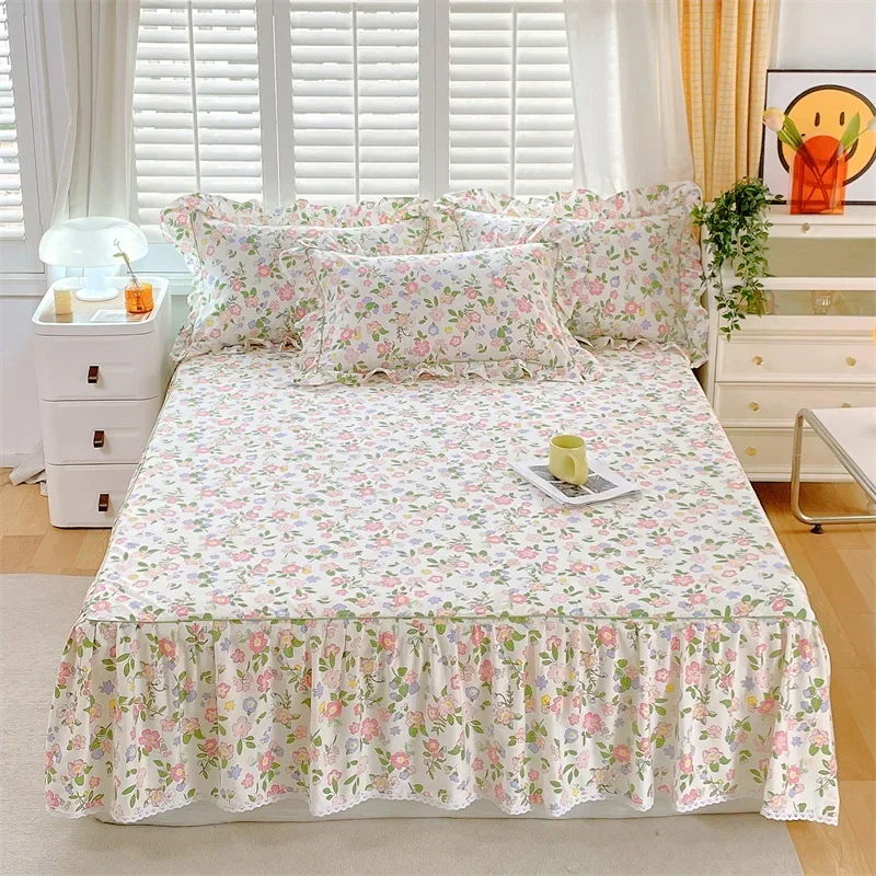 1pc 100%Cotton Bed Skirt Queen/King Size Floral Printed Sheet with Ruffles falda de cama Full Size Skirt for Single