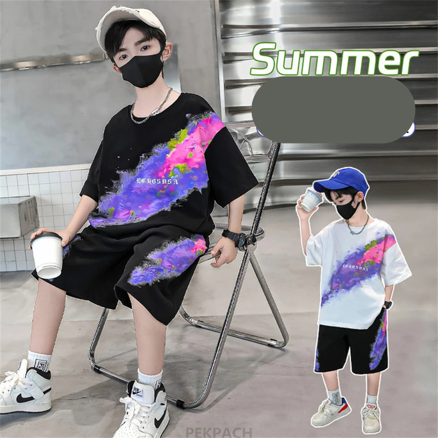 

Children Boy Fashion Summer Suit Tie Dye T-shirt And Shorts 2 Pieces Clothing Set Kids Stylish Streetwear Outfit Top Bottom Suit