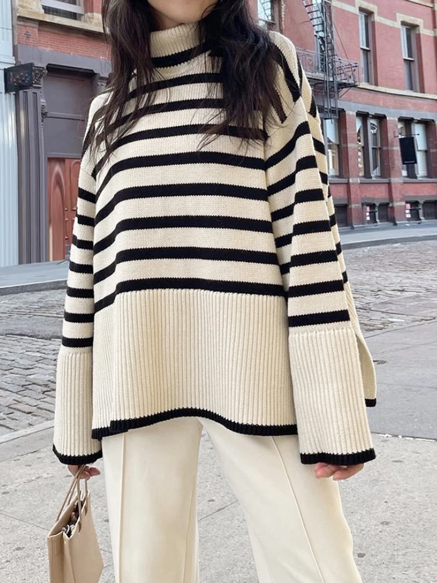 

Women's Striped Print Sweaters Long Sleeve Turtleneck Side Split Pullovers Casual Knit Tops