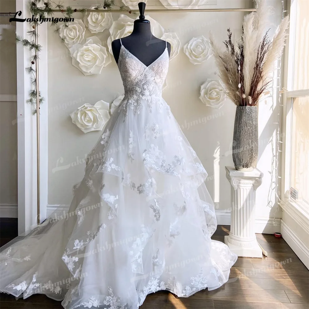 Lindo uma linha plissado vestido de casamento personalizado com decote em v organza renda floral sem mangas em camadas vestidos de noiva novia