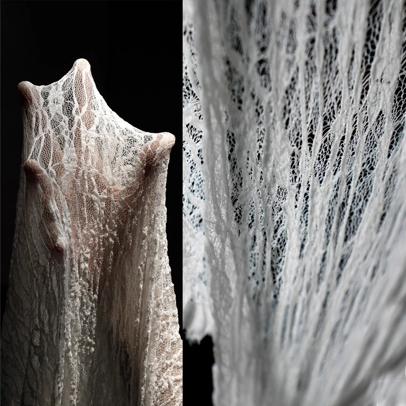 

White Hollow Textured Stretch Lace Mesh Fabric Soft Sheer 3D Designer Qipao Fashion DIY Evening Dress Stage Costume Fabric