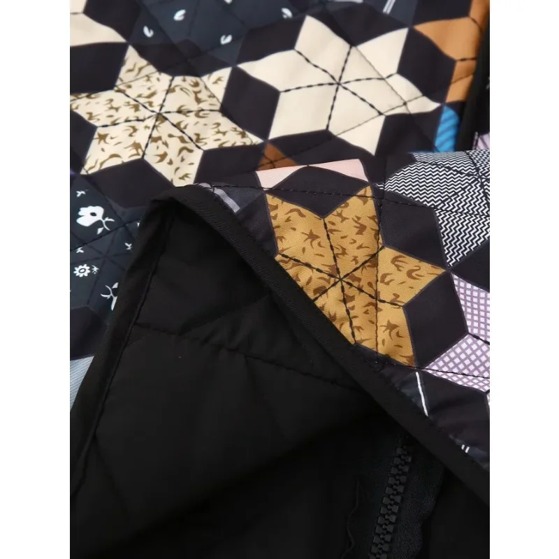 Jaket quilt katun motif Vintage wanita, pakaian tren ritsleting lengan panjang, jaket ringan musim gugur musim dingin