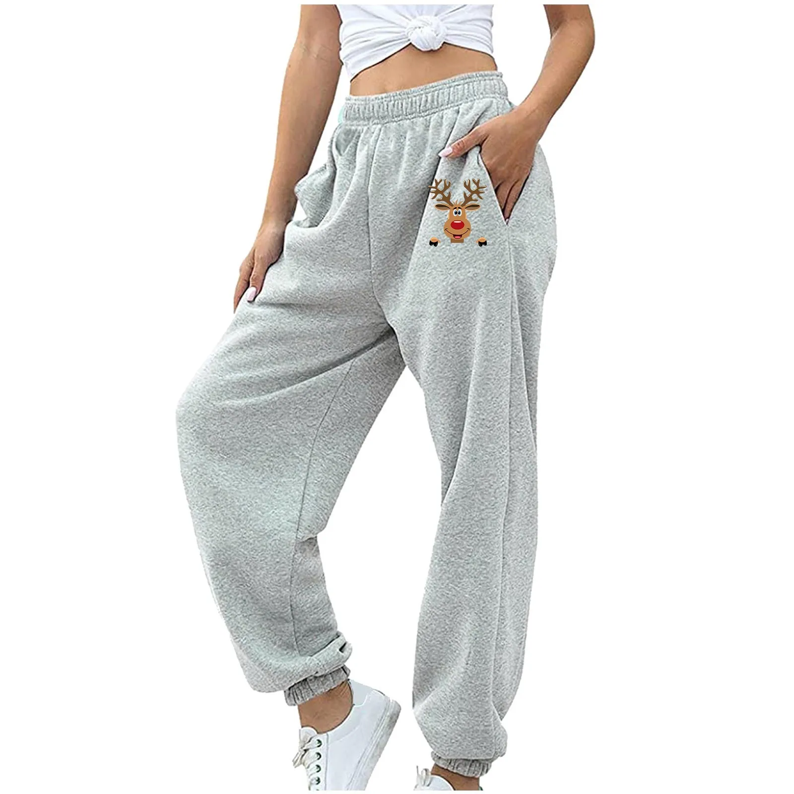 Damen Herbst kleidung gerades Bein lose einfarbige Weihnachts druck Jogger hose hohe elastische Taille Jogging hose Streetwear