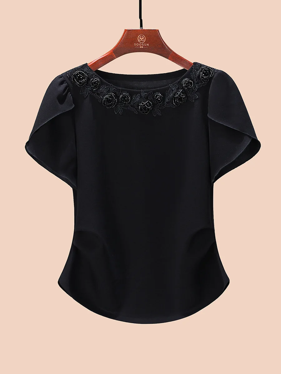 Womens Summer Tops Plus Size Crewneck Rose Blossoms Short Sleeve Shirts Casual Chiffon Blouses Y2k Clothes