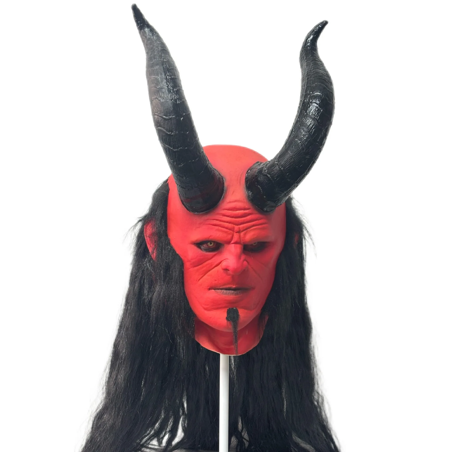 Rote Dämonen-Vollkopf-Latexmaske mit langen schwarzen Haaren, großem Horn, Monstermaske für Erwachsene, Halloween-Cosplay, Maskerade, Karnevalsparty-Requisite – Detail 5