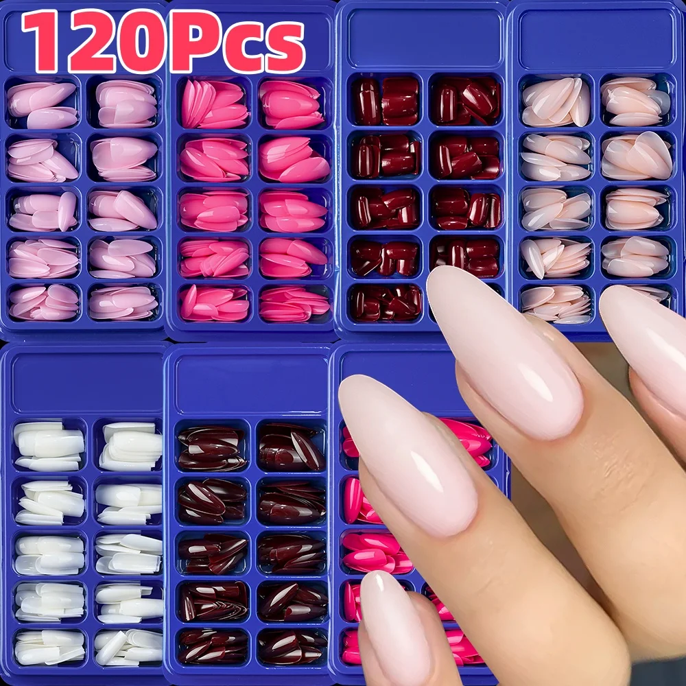 120 Uds. De uñas cortas de almendra/café/cuadrado, puntas de uñas postizas francesas desnudas/rosas, cobertura completa, yemas de los dedos postizas para mujer y regalo de niña