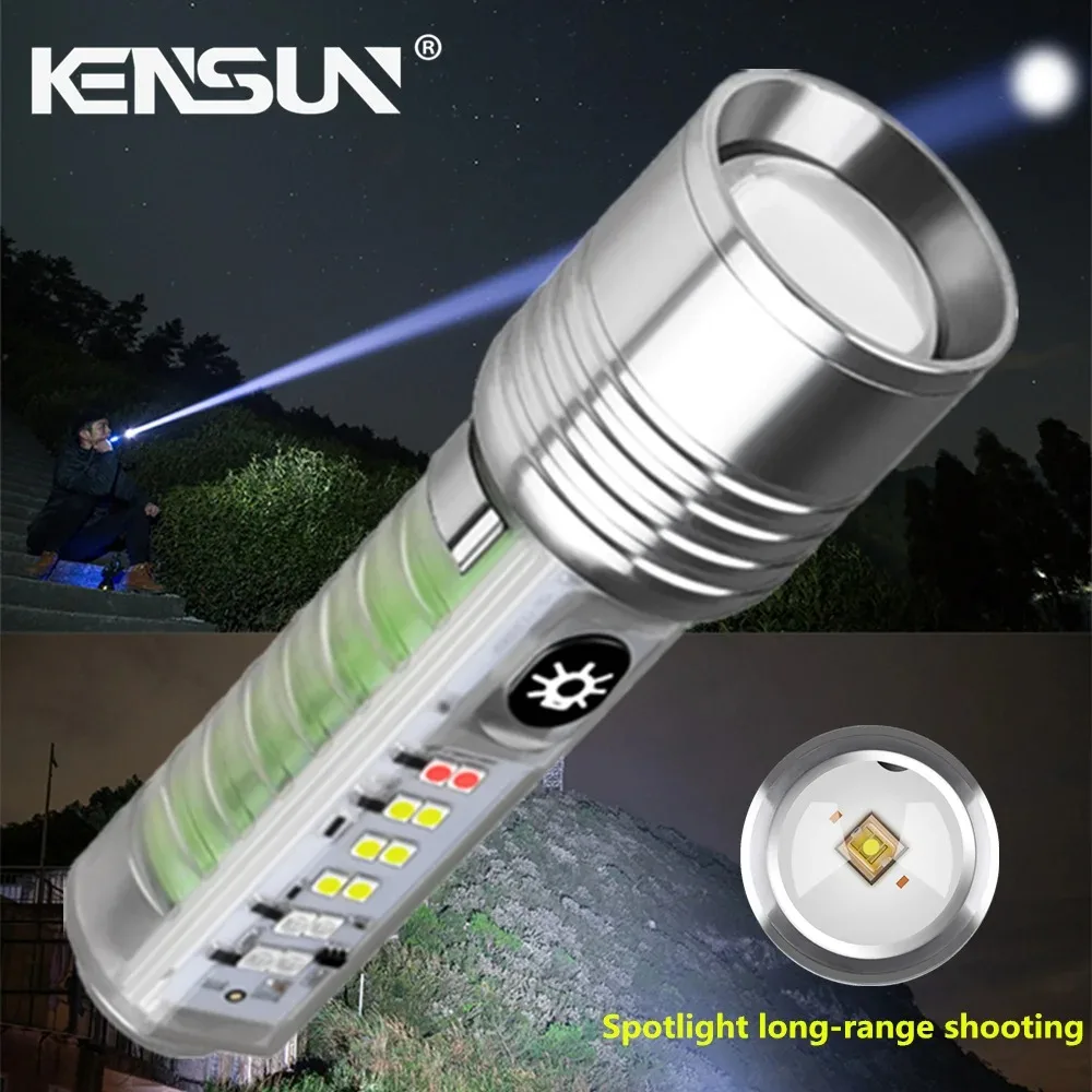 Powerful Long Range LED Flashlight USB Rechargeable Multifunction Torch UV Light Lantern Portable Keychain Lamp With Magnet