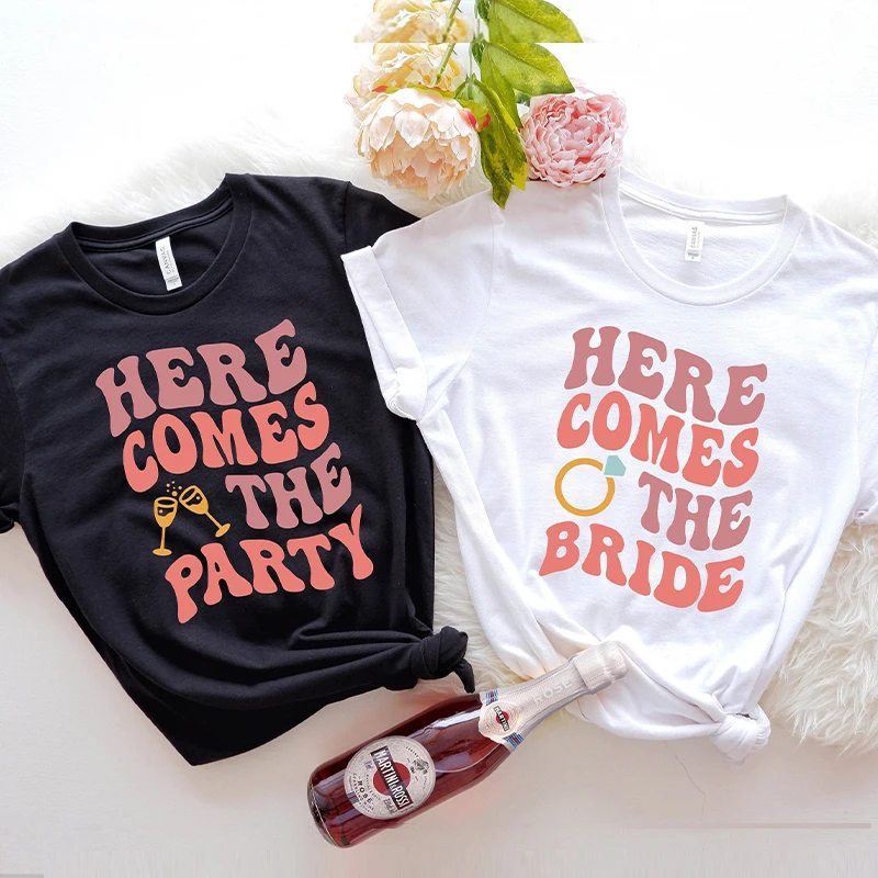 

Team Bride Group T-Shirts Girls Single Farewell Bachelorette Party Shirt Woman Favor Bridal Party Tops Here Comes The Party Tees