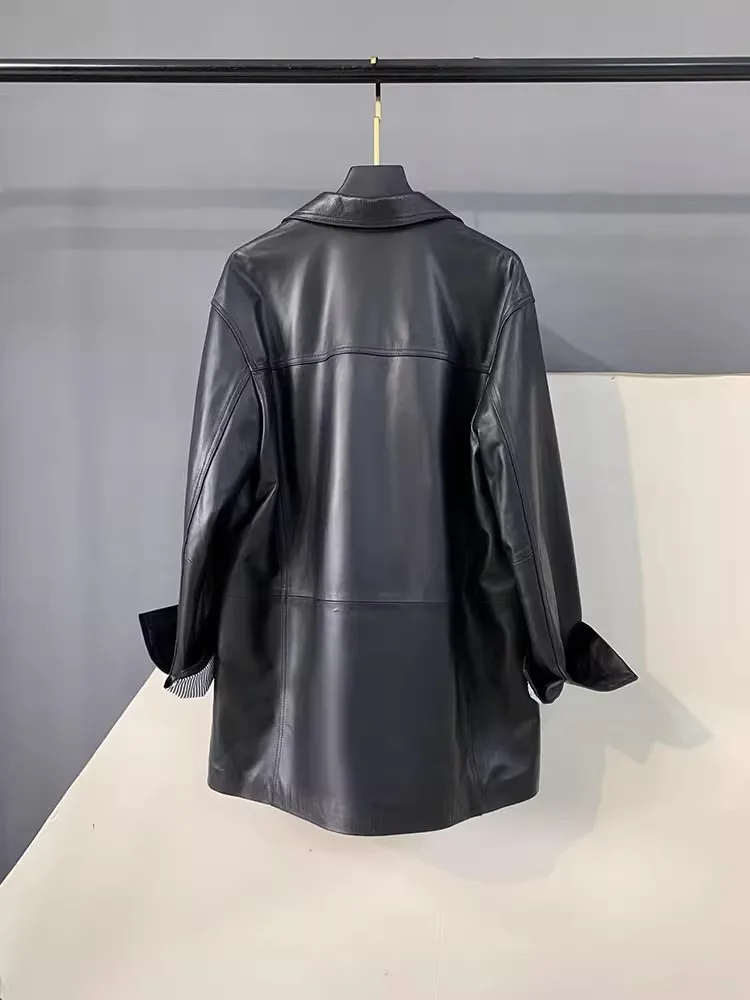새로운 오피스 레이디스 천연 가죽 캐주얼 수트 재킷 싱글 브레스티드 루즈핏 미디엄 롱 코트 여성 패션 양가죽 블레이저