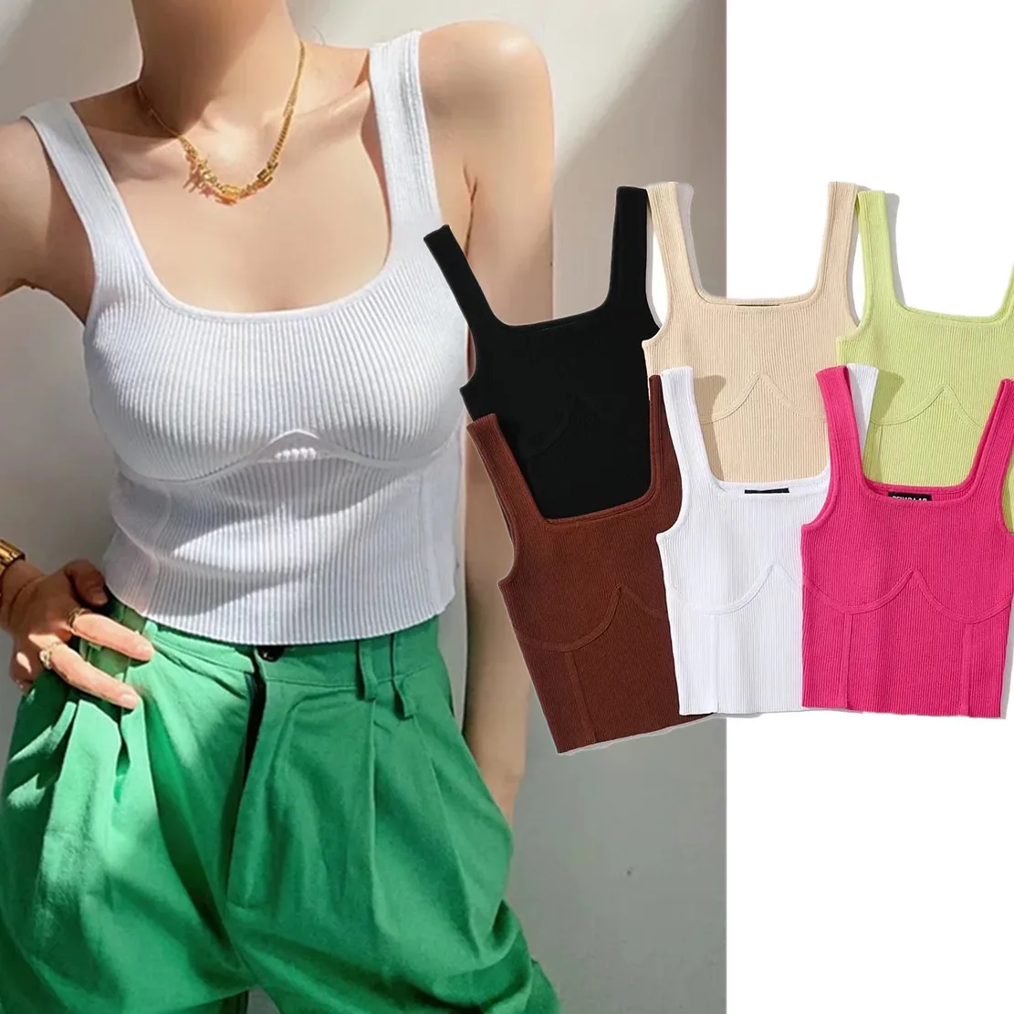 

Jenny&Dave Ins Fashion Blogger Knitted Camisole Colorful Summer Tshirts Women High Street Retro Square Collar Short Tank Tops