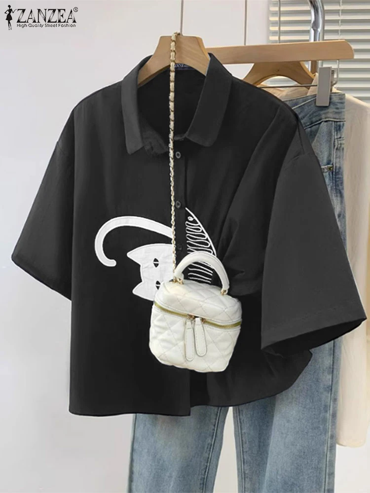 ZANZEA Camisas informales con cuello para mujer, camisa holgada de manga corta con hombros caídos y botones, Tops de gato bordados con estilo, S-3XL