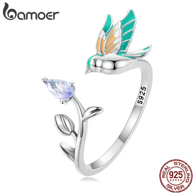 Bamoer Fashion 925 Sterling Silver Kingfisher Open Ring for Women Eternity Band Lively Bird Ring Gift Fine Jewelry Party BSR286