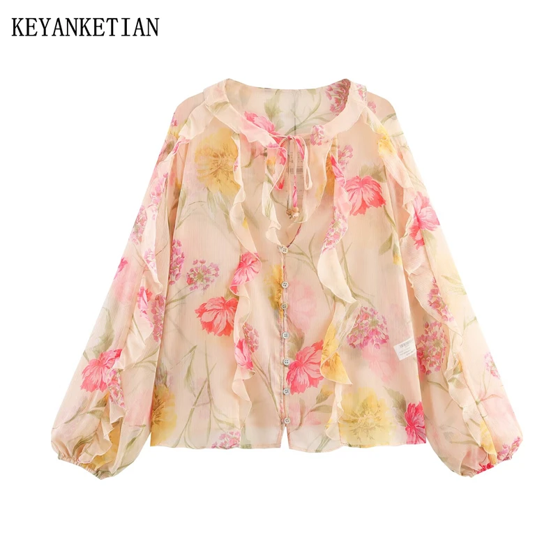 

KEYANKETIAN Summer New Women's Round Neck Lace up Ruffle Edge Decoration Lantern Sleeves Flower Print Chiffon Shirt Women
