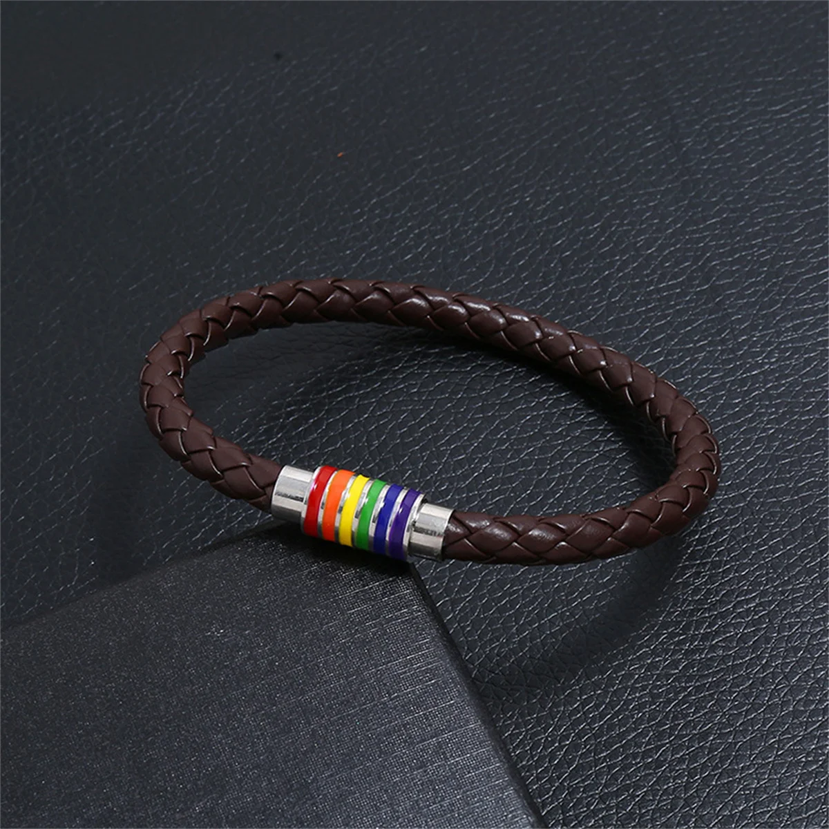 Handmade Black Brown Leather Rainbow Bracelets For Women Men Fashion Love Pride Magnetic Buckle Leather Bangle Couple Jewelry