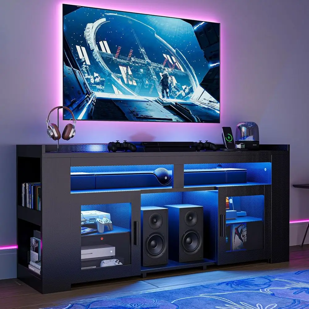 60 TV Stand with Charging Station, LED Entertainment Center, Carbon Fiber Media Storage, Adjustable Glass Shelves, Gaming & Livi