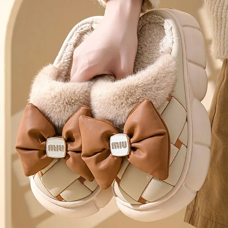 

White Platform bow slippers Indoor women 2026 Winter Warm Slip On Floor Shoes plush Slides Women's Waterproof Fur Slippers