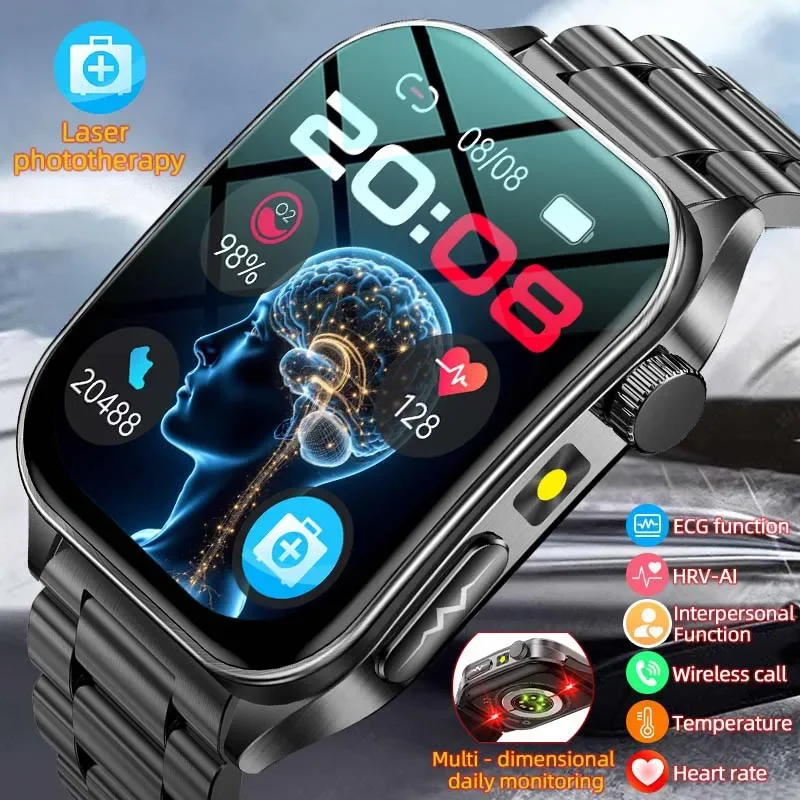 

650nm Laser Therapy Diagnosis Smart Watch Men Uric Acid Lipid ECG PPG Blood Pressure Micro Physical Exam Health Smartwatch 2026