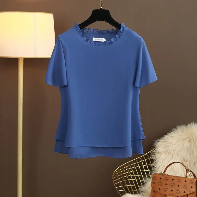 Solid Color Summer Casual Chiffon Ladies Tops Simplicity Short Sleeve All-match Pullovers Women\'s Clothing Irregular T-Shirts