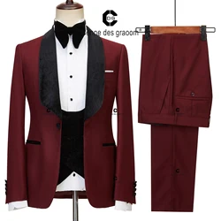 Cenne Des Graoom 2023 New Design Black and Maroon Shiny Velvet Lapel Suits for Men Wedding Party Groom Blazer Vest Pants 3 Pcs