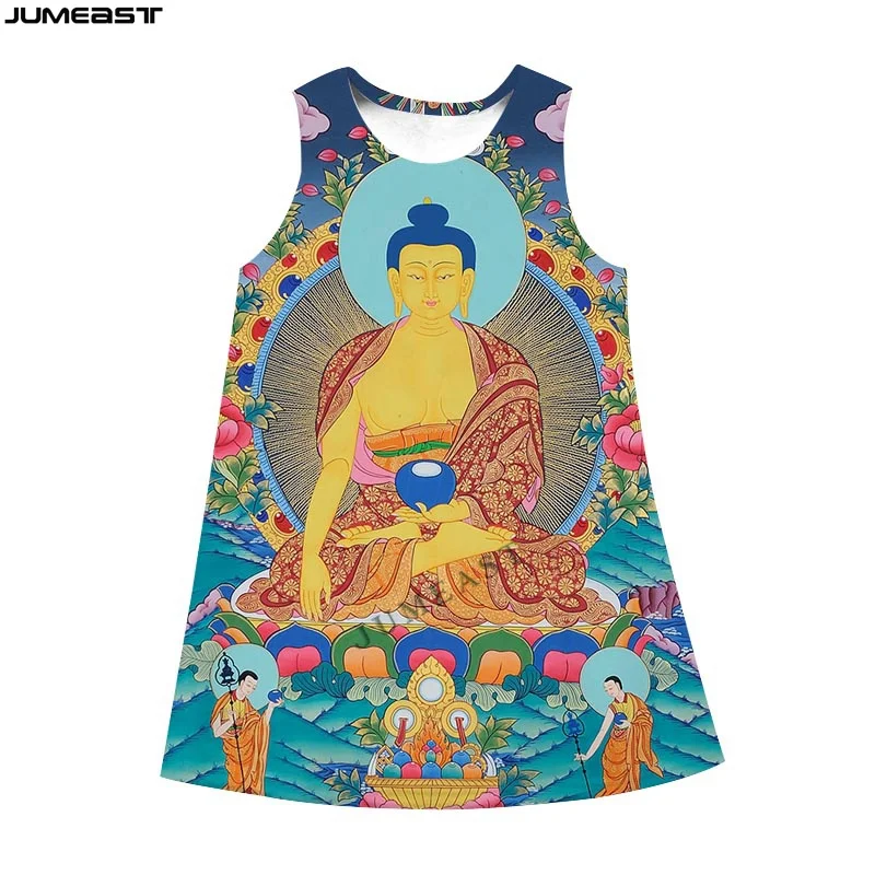 Jumeast Y2k Women 3D Printed Dresses Hip Hop Buddhism Buddha Shakyamuni Summer Sleeveless Dress Suspender Nightdress