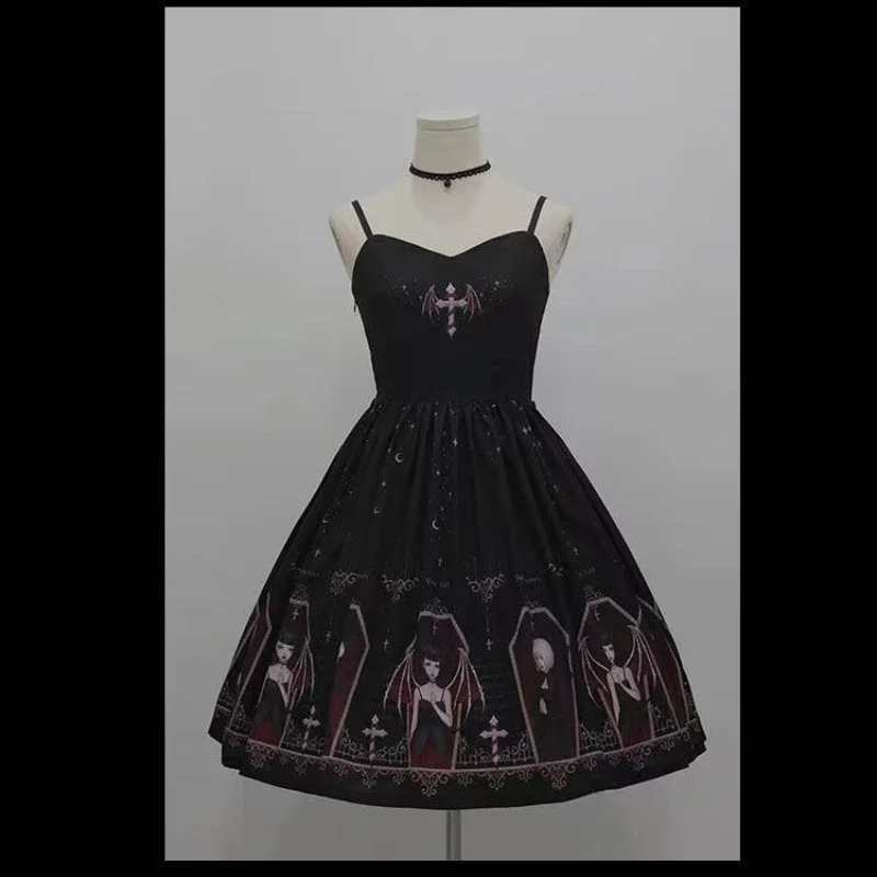 Dark Gothic Devil Print Jurk Zwart Japanse Stijl Lolita Jsk Victoriaanse Jarretel Jurk Loli Sexy Sweet Goth Bandage Jurken