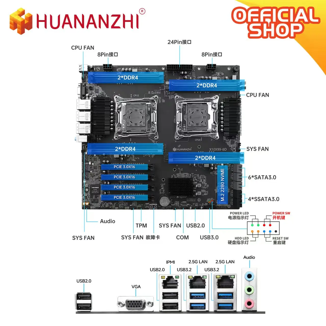 اللوحة الأم X10X99-8D V1.0 LGA2011-3، Intel C612، 8DDR4 512GB، 22.5G LAN، M.2 NVMe، PCB ذو 10 طبقات، لوحة خادم E-ATX #4