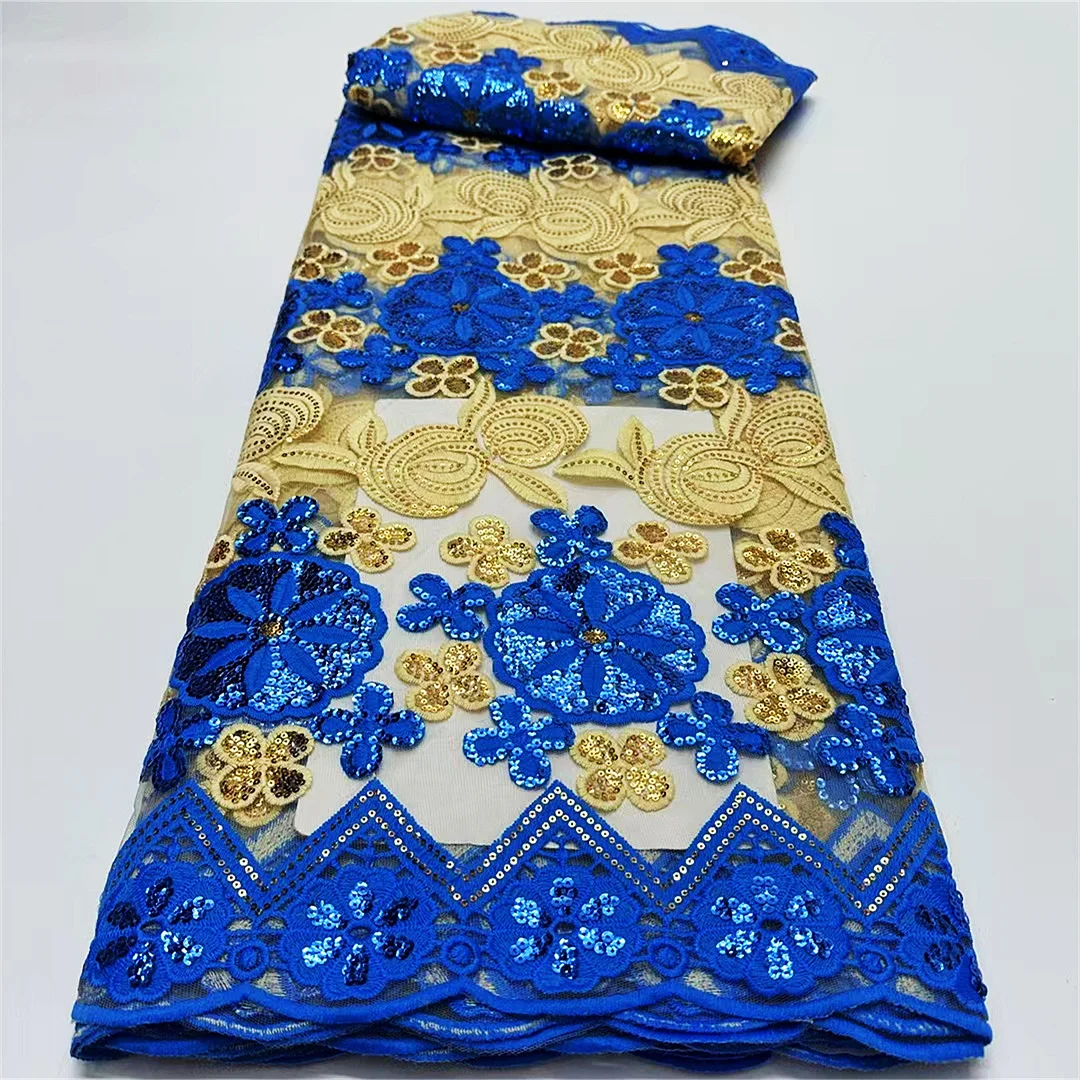 

2024 Luxury African Lace Fabric with Sequins High Quality Embroidery Guipure Net Lace Fabrics For Nigerian Women Dresses 5 Yards