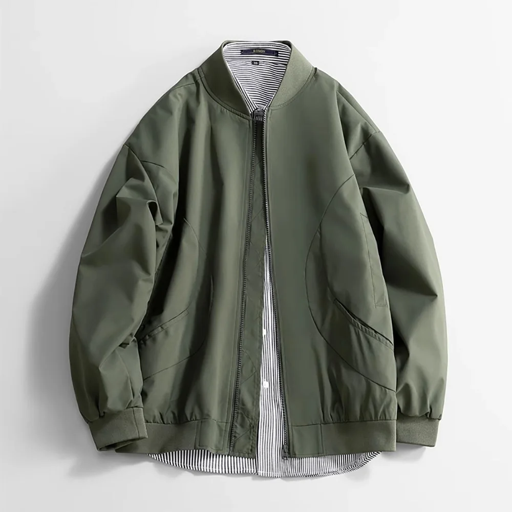 

Men's Spring Jacket Casual Stand Collar Baseball Jacket Solid Color Trendy Long Sleeve Zipper Windbreak Pocket Outwear