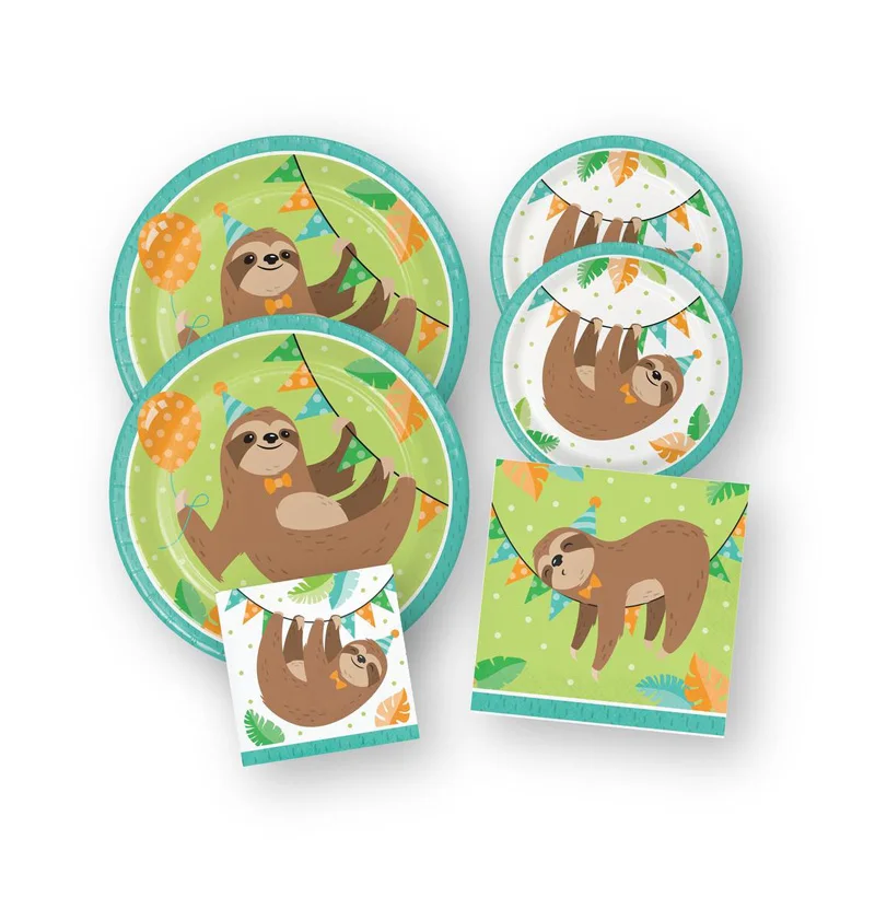 8pcs Cute Sloth Disposable tableware for kids birthday party supplies baby shower sloths print paper plate cup jungle party deco