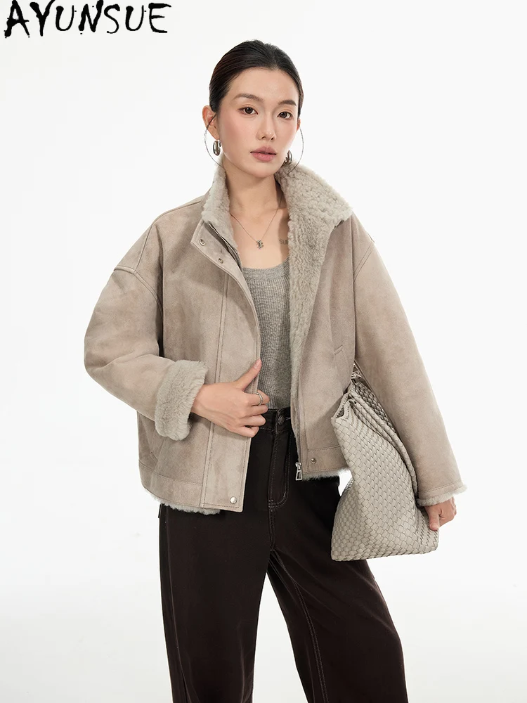 AYUNSUE 천연 가죽 재킷 여성 메리노 양가죽 코트 천연 리얼 퍼 코트 따뜻한 겨울 옷 여성용 2025