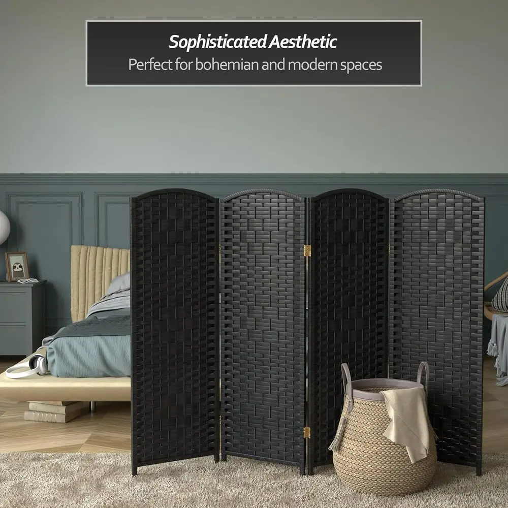 Compact 4-Panel Black Fiber Diamond Weave Folding Screen - 4 Feet Tall