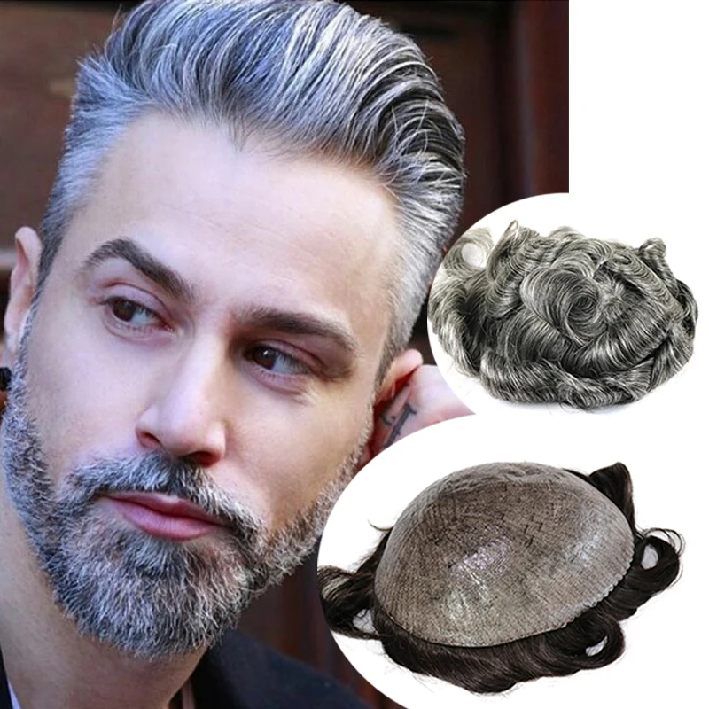 Grey Black Brown Natural Hairline Human Hair Toupee for Men Injection Durable Thin Skin Full PU Base Capillary Prosthesis System