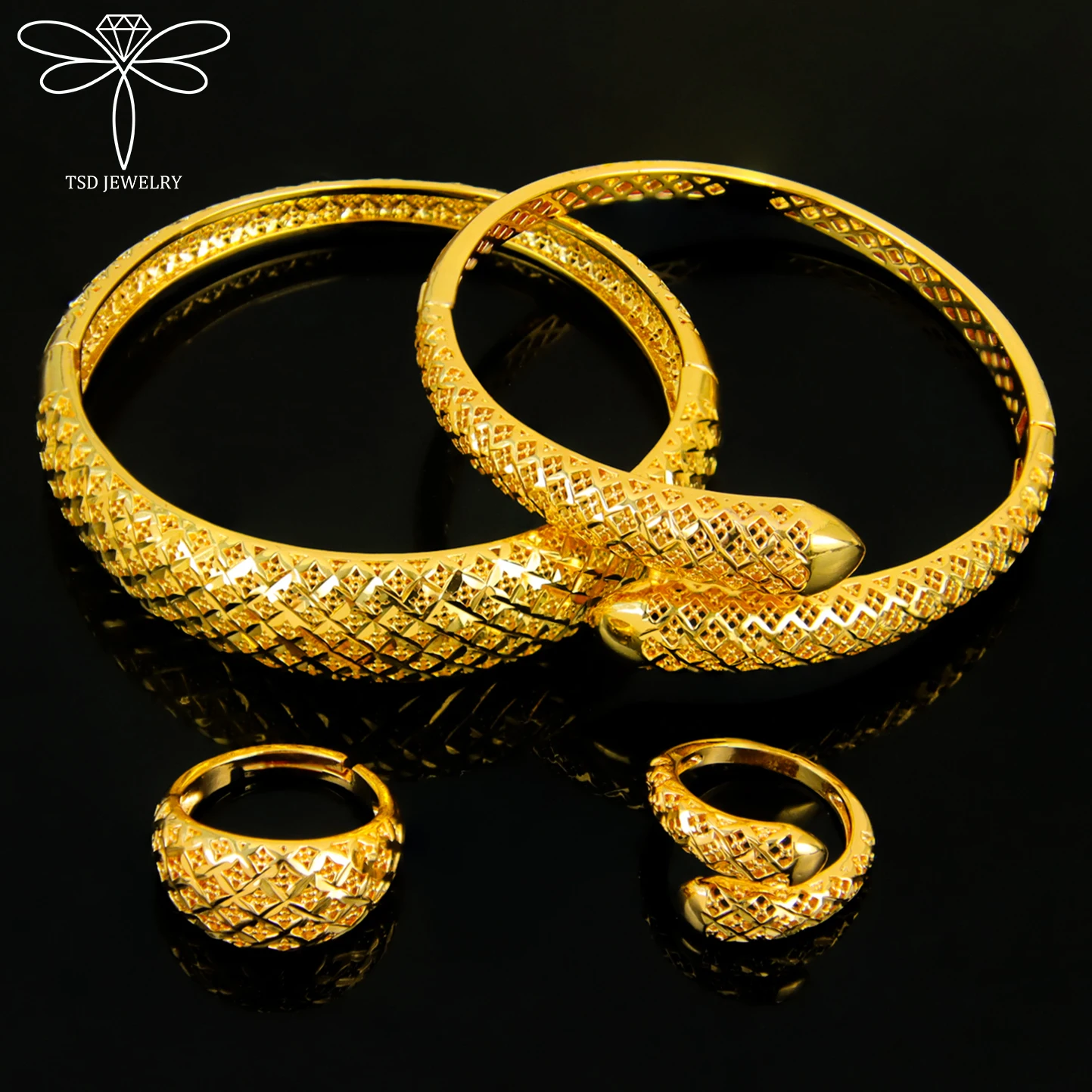 

Ethiopia Gold Plated Bridal Jewelry 21k Gold Plated Algeria Vintage Opening Bangles Ring Set Dubai Women Wedding Party Jewelrys