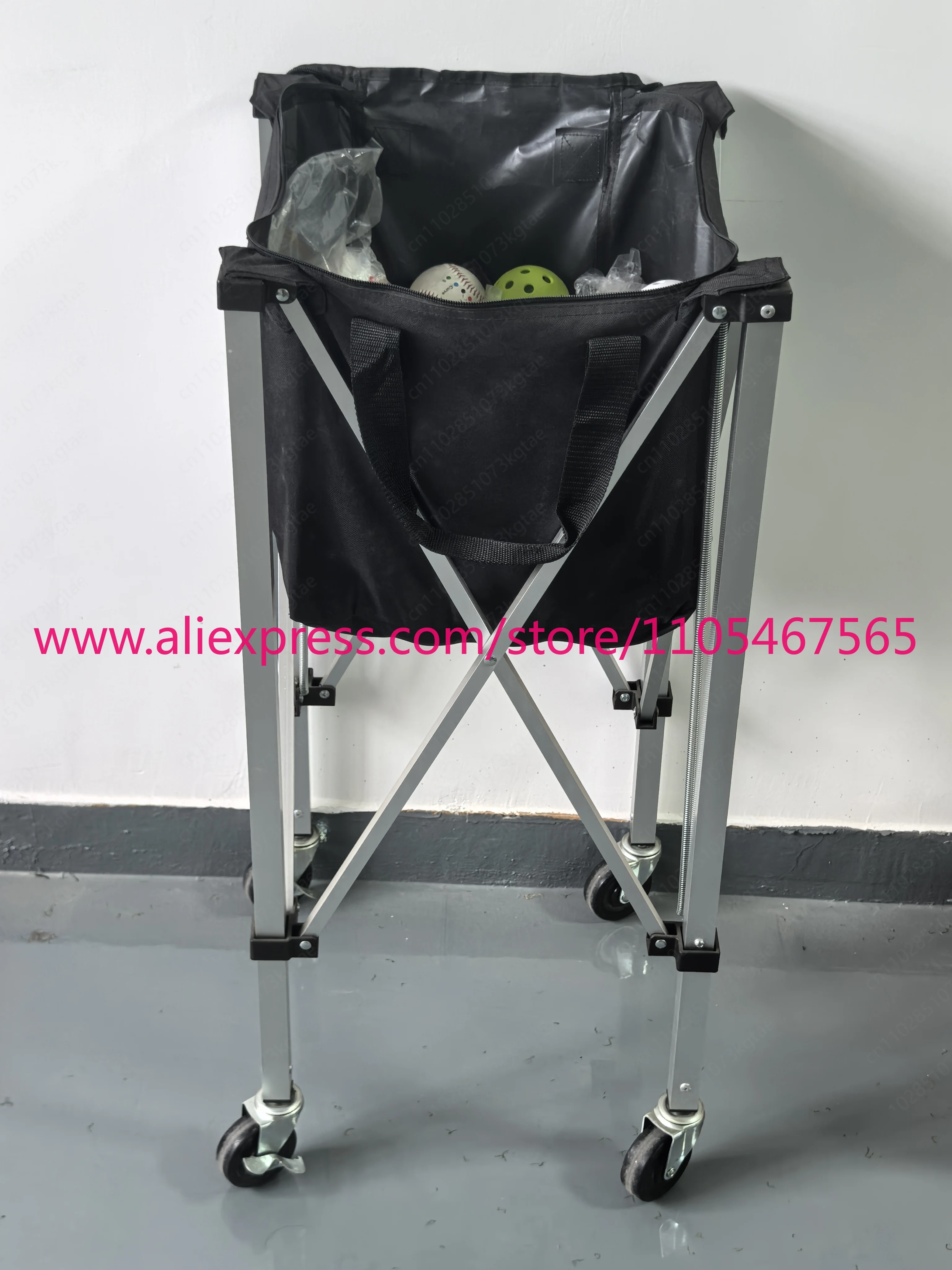 1PCS Foldable Ball Cart for Tennis, Pickleball, Badminton & Softball – 360° Wheeled Large Capacity Carrier with Storage Bag