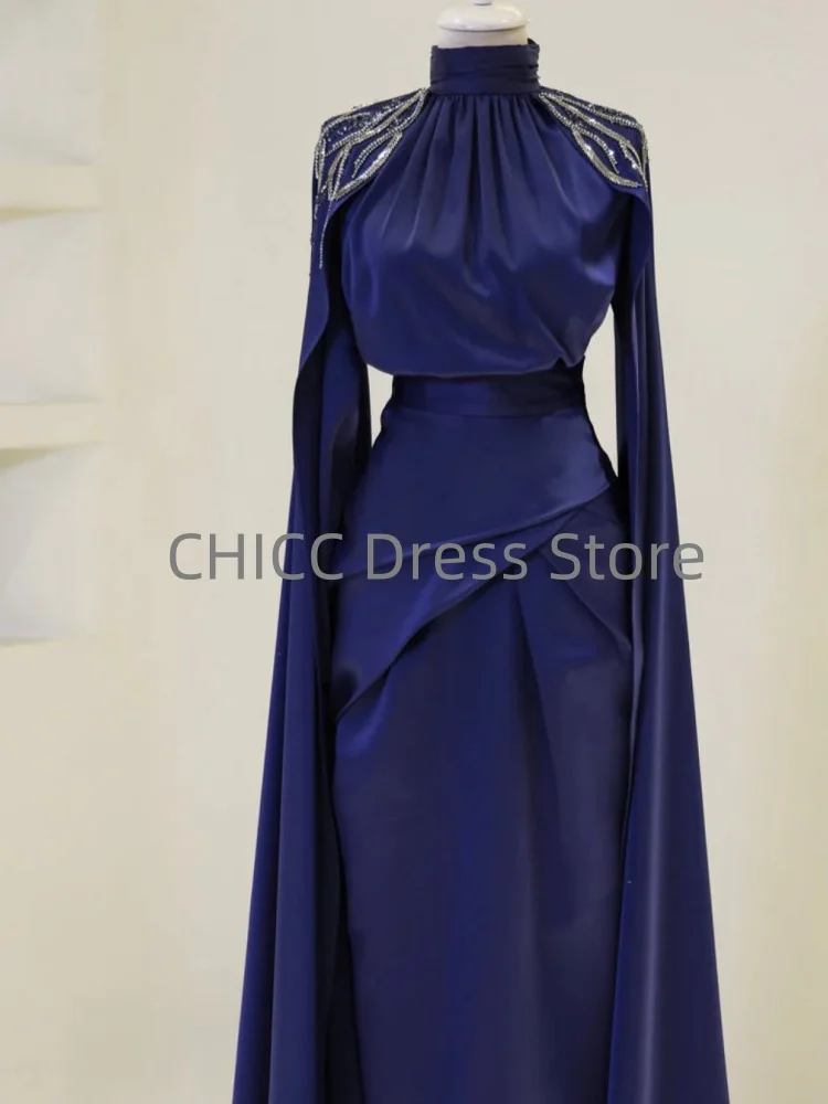 Elegant Muslim Evening Dresses High Neck Long Floating Sleeve Wedding Guests Dress with Beading Pleat Formal Occasion Customized