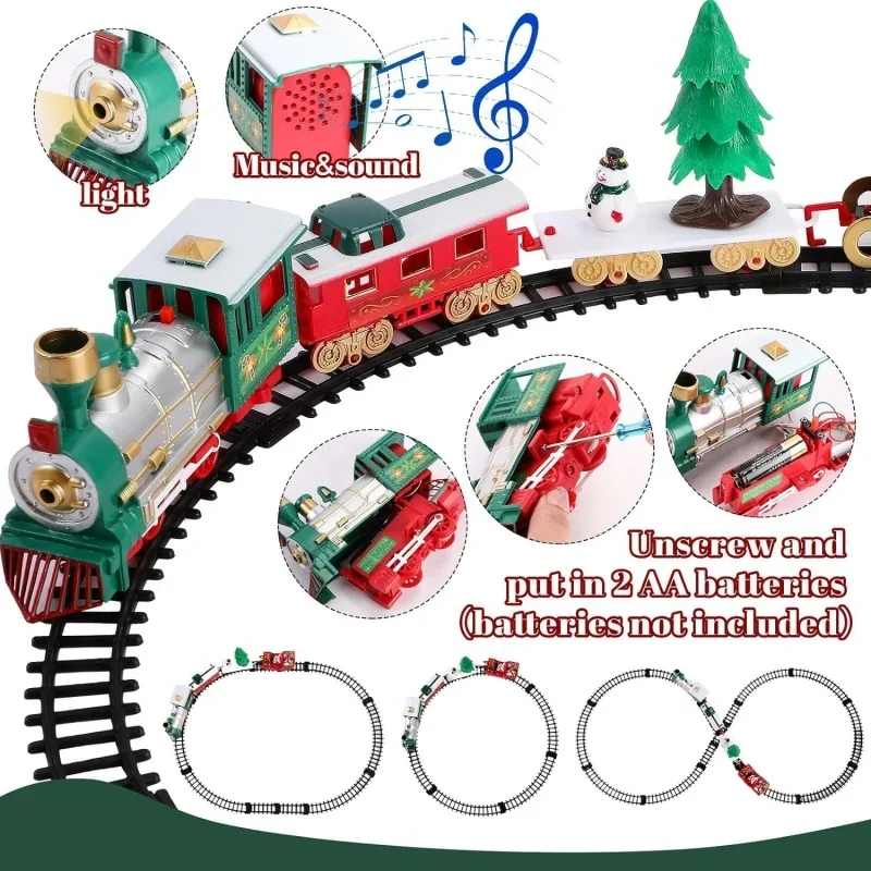 Juego de tren eléctrico con motor eléctrico, juego de vía férrea con música, trineo de Papá Noel, muñeco de nieve, juguetes de regalo de Navidad