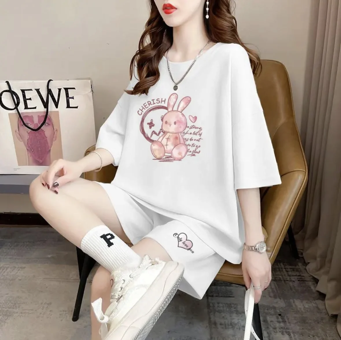 New fashion hot selling women's summer shorts set, long T-shirt top+shorts 2-piece set, outdoor sports casual wear jogging pants