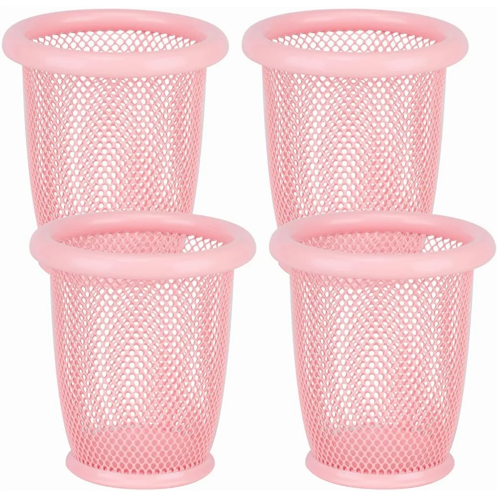 4 pink pen holders, mesh pen holders, pens for desktop office storage, metal pen holders