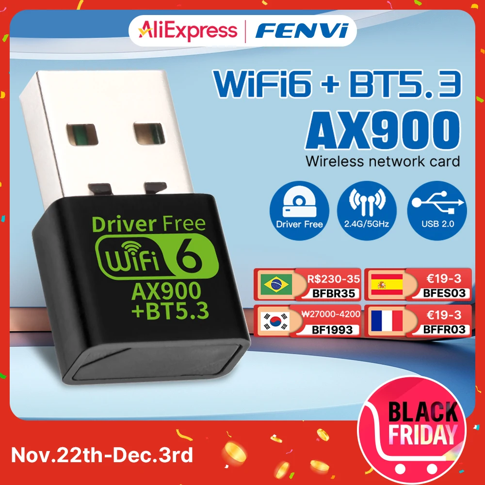 Fvi-adaptador WiFI 6 USB, tarjeta de red inalámbrica con Bluetooth 900, controlador de banda Dual, Dongle USB gratis, 5,3 Mbps, para PC Win 10 11