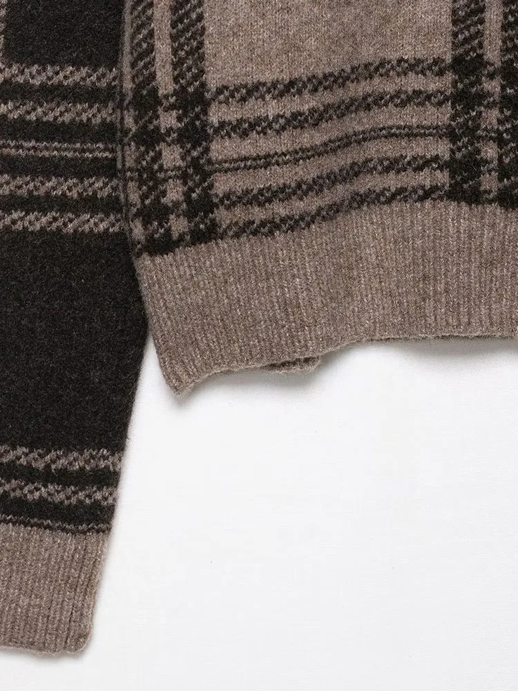 

HH Women's New Fashion Chic Knitted Coats Plaid O-Neck Long Sleeves Single Breasted Female Autumn Casual Loose Cardigans