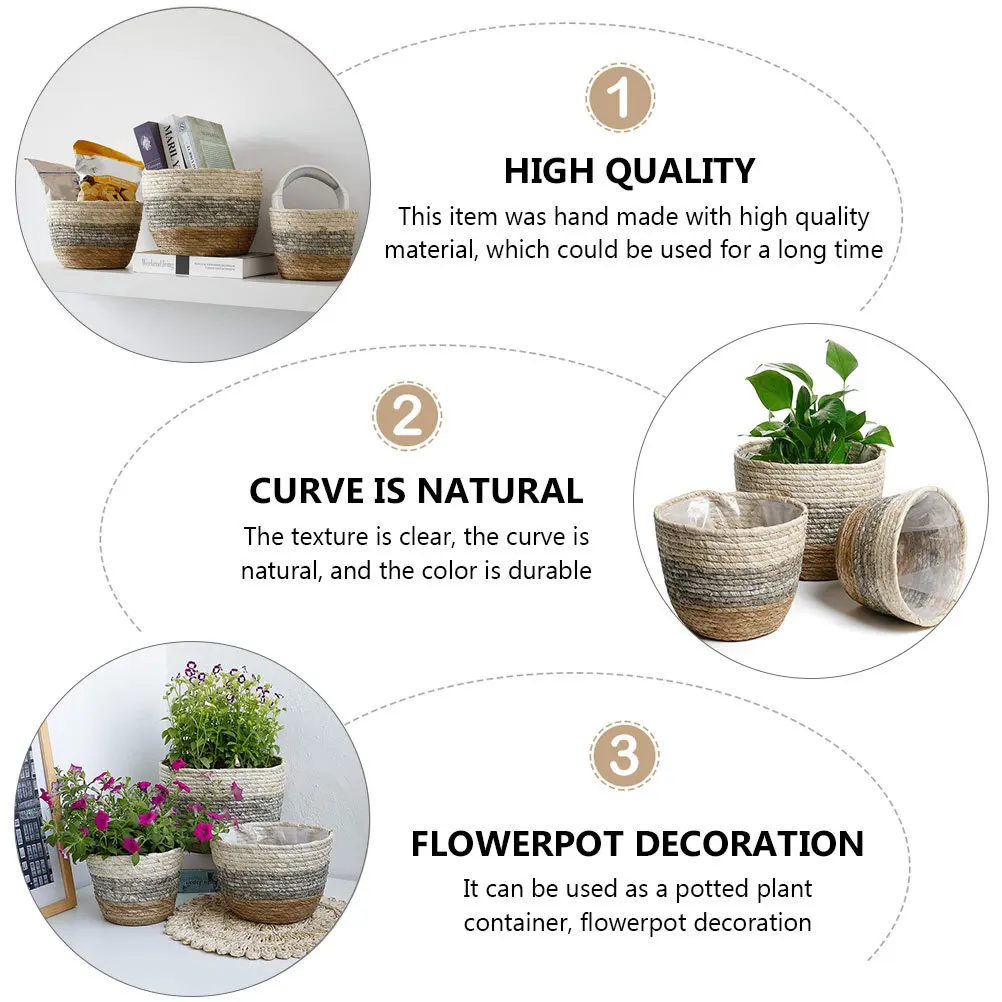 

3pcs Hand-Woven Grass Woven Flower Pot Natural Decorative Basket For Indoor Lightweight Durable Storage Container