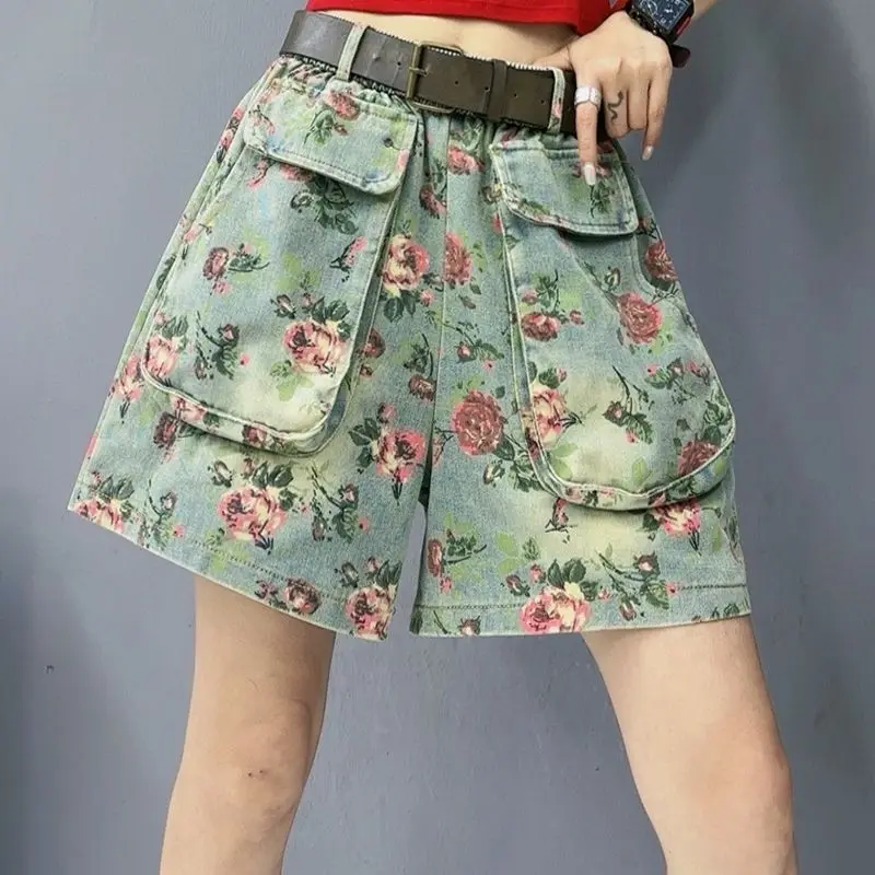

Vintage Printed Denim Shorts Women Clothes Harajuku Short Jeans Summer New Fashion A-line Wide Leg Pants Loose High Waist Shorts