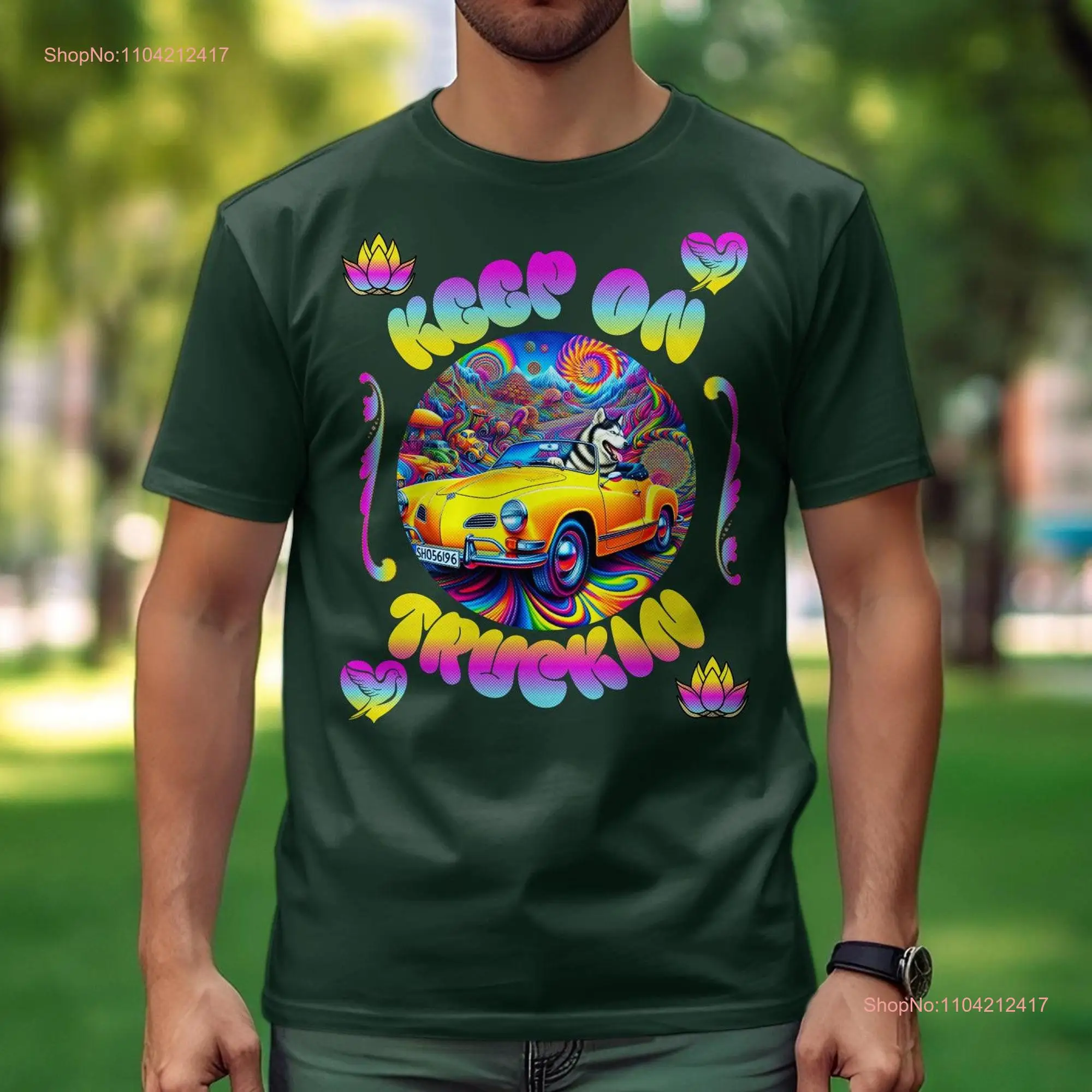 Retro Siberian Husky Driving Vintage Karmann Ghia Psychedelic Keep On Truckin' T Shirt Rainbow Hippie Style Top