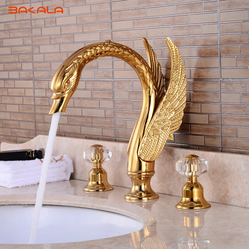 BAKALA Bath Shower Black/Golden/ Swan Faucet 3pcs Bathroom Torneira Taps Dual handle Basin Sink Rotatable Mixer