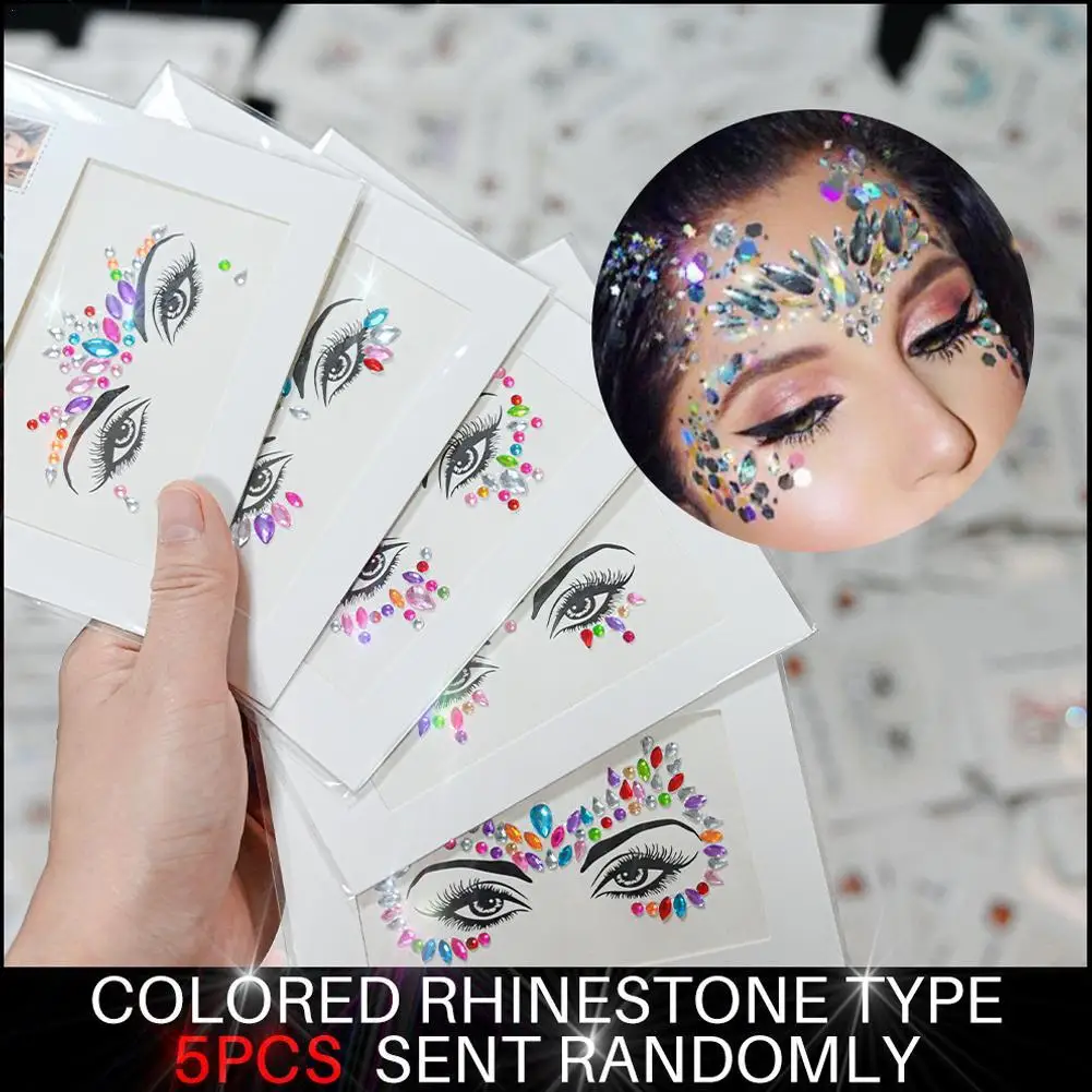 

5Pcs 3D Face Diamond Tattoos Stickers Colorful Glitter Crystal Gem Sticker for Party Makeup Body Jewel Tattoo Decorations